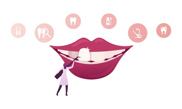 Tiny Female Dentist Doctor Character in Medical Robe Holding Stomatologist Install Dental Veneers to Great Mouth in Clinic Cabinet, Αισθητική Στοματολογική Έννοια. Εικονογράφηση διάνυσμα κινουμένων σχεδίων — Διανυσματικό Αρχείο