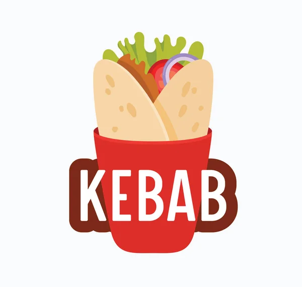 Kebab Banner, Meat Rolled in Pita Bread and Typography Isolated on White Background. 피타에 야채를 곁들인 크리에이티브 배드 지. ( 영어 ) Fastfood Cafe, Doner Kebab Restaurant Icon, Badge. 사기적 인 예 — 스톡 벡터