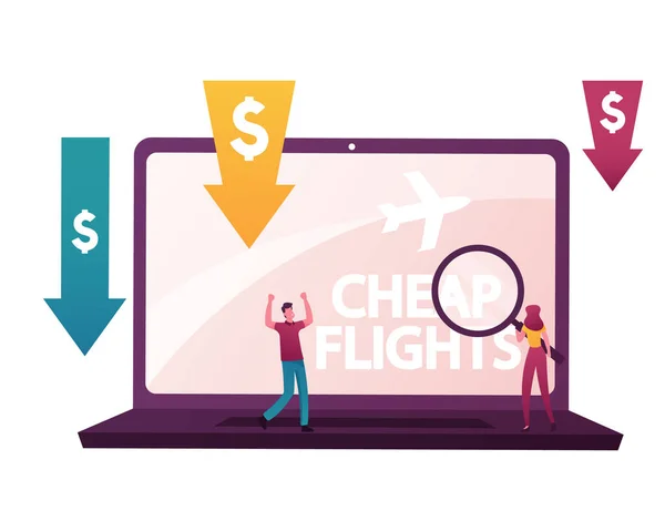 Lowcoster Billigflug, Economy Reisen, Tourismus, Sonderangebot Kosten Airline Discounter. Winzige Charaktere, die Flugtickets online in Internet-Preisanalysen kaufen. Cartoon People Vektor Illustration — Stockvektor