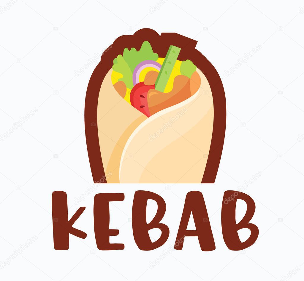 Kebab with Chicken or Meat and Vegetables. Roll, Fast Food Doner Kebab, Shawarma Isolated on White Background. Arabic, Eastern Meal, Mexican Buritto, Taco, Street Dish. Cartoon Vector Illustration