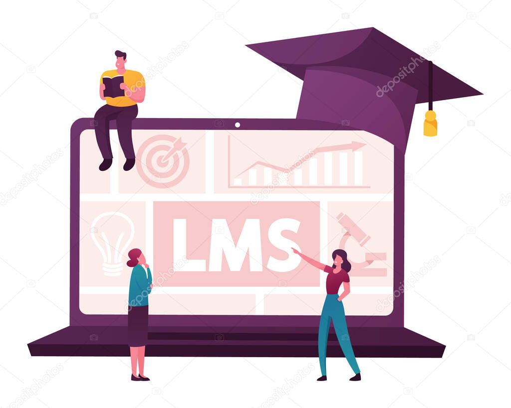 Online Education, Learning Management System Concept. Tiny Characters at Huge Laptop LMS Graphs and Charts on Screen. People Reading E-books and Study at School. Cartoon People Vector Illustration