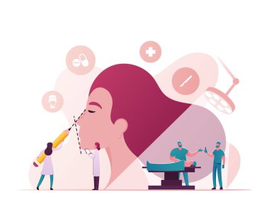 Burun estetiği düzeltme prosedürü, Cerrahi Burun Geliştirme Konsepti. Estetik Cerrah Karakterleri Kadın Burnu 'nun Düzeltme Biçimi, Cilt Üzerine İşaretli Çizgi Koy. Çizgi film Vektör İnsanlar İllüstrasyonu