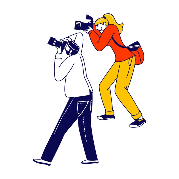 Photographes Tournage de groupe lors d'une cérémonie ou d'un festival de remise de prix. Personnages Paparazzi en attente de célébrité ou de show business Stars Apparence, renommée et concept scandaleux. Illustration vectorielle des personnes linéaires — Image vectorielle