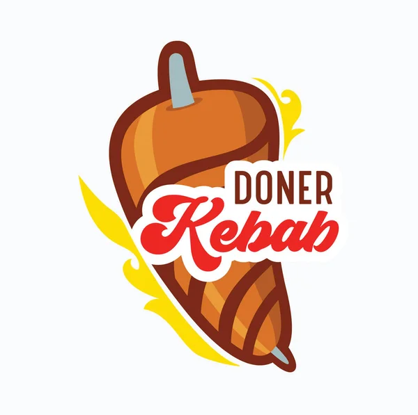 Doner Kebab Banner, Creative Badge with Meat on Pole, Fire and Typography Fehér háttérrel elszigetelve. Fastfood Cafe Label Grillezett ételek Arab vagy török étterem ikon, embléma. Vektorillusztráció — Stock Vector
