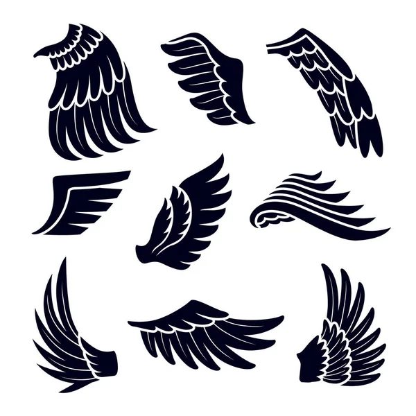 Alas Siluetas Negras Conjunto de iconos aislados sobre fondo blanco. Elementos de diseño de emblemas de pájaros o ángeles. Tatuaje o insignia, insignias decorativas de plumas, dibujo simple monocromático. Ilustración vectorial — Vector de stock