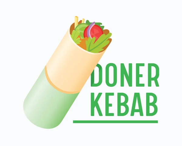 Doner Kebab Banner, Creative Badge with Vegetables and Meat Rolled in Pita Bread and Typography Isolated on White Background. Fastfood Cafe Label, Arabian Restaurant Icon, Badge. Ilustração vetorial — Vetor de Stock