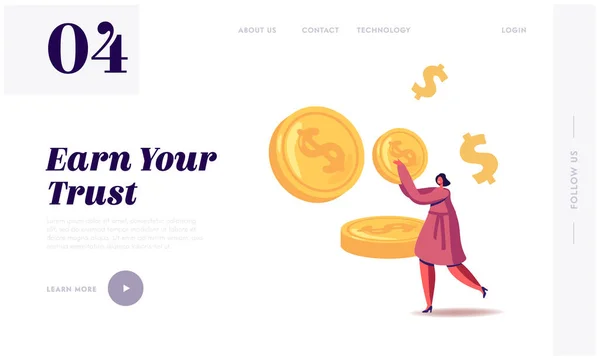 Donna d'affari fanno risparmio, profitto finanziario Landing Page Template. Donna portare moneta d'oro enorme, personaggio con denaro contante. Ricchezza salariale, aumento di capitale, imbuto di vendita. Illustrazione del vettore del fumetto — Vettoriale Stock