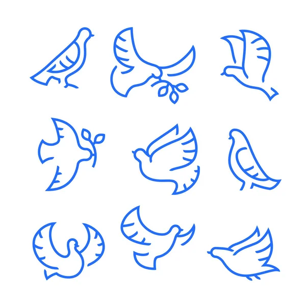 Duif van Vrede Pictogrammen ingesteld. Vliegende vogels met Tak en Bladeren, Vrede of Pacifisme Concept. Vrij vliegend symbool, eenvoudige tekens voor presentatie, training, marketing, webdesign. Lineaire vectorillustratie — Stockvector