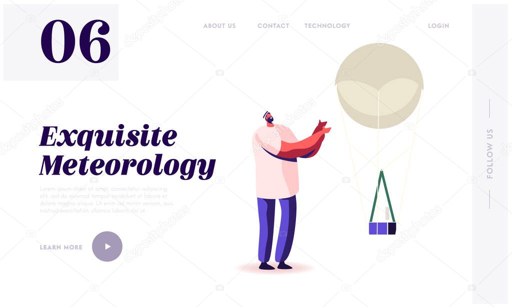 Radiosonde Landing Page Template. Male Character and Meteorology Probe on Air Balloon. Research, Probing, Monitoring Hurricane. Satellite Make Measurements of Weather. Cartoon Vector Illustration