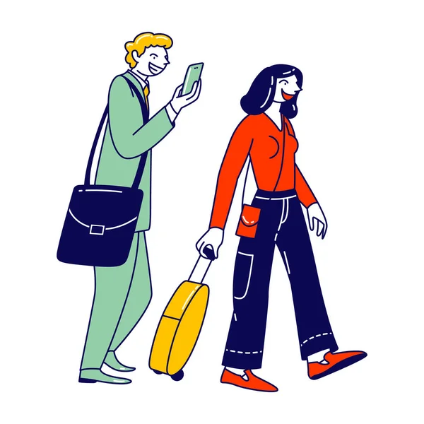 Personajes Masculinos y Femeninos con Embarque de Equipaje en Avión. Los viajeros van a Aviones, Pasajeros a bordo de Jet o Tren. Gente Viaja, Mujer y Empresario en el Aeropuerto. Ilustración de vectores lineales — Vector de stock