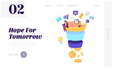 Dönüştürme Oranı Optimizasyon Huni Pazarlama İniş Sayfa Şablonu. Dizüstü bilgisayarı olan küçük bir kadın karakter. Devasa satış hunisinde oturuyor. Dijital Pazarlama Öncü Üretim Stratejisi. Çizgi film Vektör İllüstrasyonu