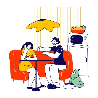 Sıkıcı Müdahaleci Kız. Erkek ve Kadın Karakterler Mutfakta Oturup Kahve İçen Kız Sohbeti Rahatsız Etmeyen İletişim. Doğrusal İnsanlar Vektör İllüstrasyonu