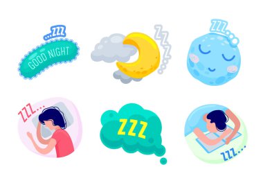 Zzz Uyku Simgeleri Beyaz Arkaplanda İzole Edildi. İyi Geceler Typography, Sleeping Girl and Boy Yastıkların Üzerinde Uzanıyor, Funny Moon and Earth Planet with Cute Kawaii Style. Çizgi film Vektör İllüstrasyonu