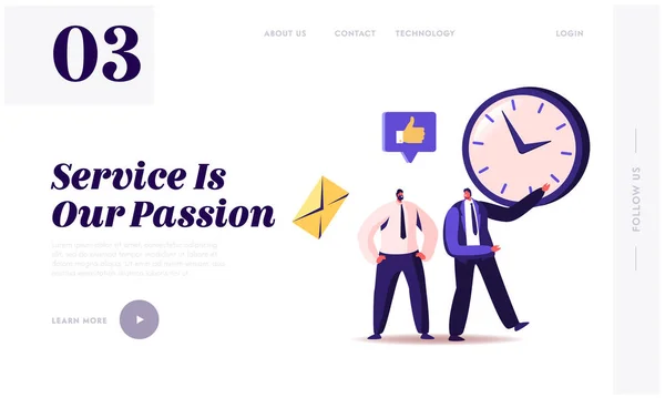 Zarządzanie czasem, lejek sprzedaży, opóźnianie w Business Landing Page Template. Businessman Character Point na ogromnym zegarze. Wydajność pracy i harmonogram. Ilustracja wektor ludzi z kreskówek — Wektor stockowy