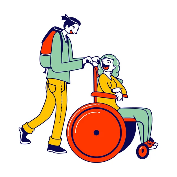 Мужчина толкает женщину-инвалида, сидящую в инвалидном кресле, спешите на посадку в самолет. Любовь, семья, человеческие отношения, инвалидность. Персонажи бойфренда и подружки-инвалида. Вектор линейных людей — стоковый вектор