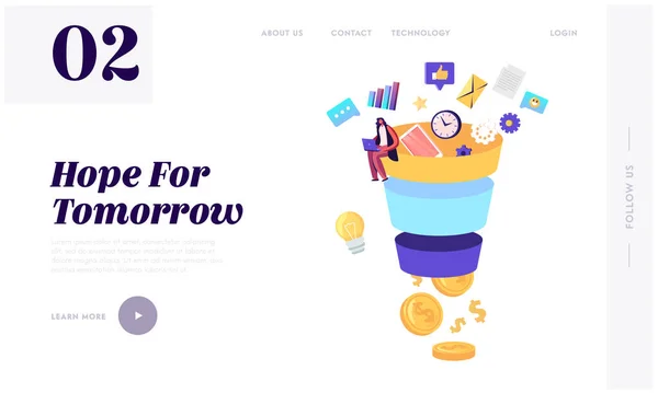 コンバージョン率最適化ファンネルマーケティングランディングページテンプレート。ノートパソコンと小さな女性の文字巨大なセールスファンネルに座っています.デジタルマーケティングリード生成戦略。漫画ベクターイラスト — ストックベクタ