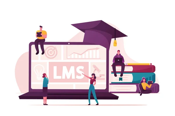 Lms, Learning Management System Concept. Maličké mužské a ženské postavy kolem obrovského notebooku s grafy a maturitní čepice, hromady učebnic, Studenti Studium. Obrázek lidí s vektory karikatur — Stockový vektor