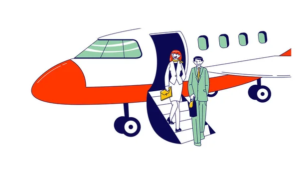 Άνδρας και γυναίκα Επιχειρηματίες Χαρακτήρες σταθεί στο αεροπλάνο Σκάλα Αναμονής Πρόσωπο συνάντηση στο αεροδρόμιο. Επαγγελματικό ταξίδι, έννοια ταξίδι στο εξωτερικό. Συνάδελφοι προορισμός. Γραμμική απεικόνιση διανυσματικών ατόμων — Διανυσματικό Αρχείο