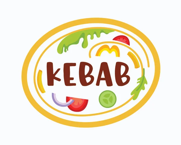 Doner Kebap Banner ve içindekiler tabakta. Oval Rozet 'teki sebzeler ve tipografi Beyaz Arkaplanda izole edildi. Fast food Cafe Label, Barbekü Restoran Simgesi, Izgara Yemekler. Vektör İllüstrasyonu — Stok Vektör