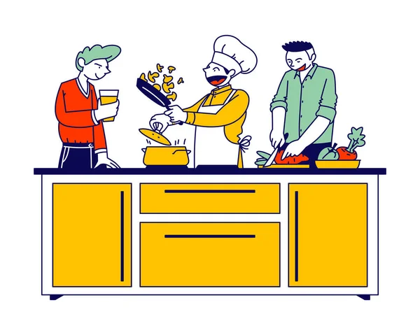 Man in Chef Toque and Apron Cook on Pan with Fire. Restaurant Staff Character, Social Media Blogger Broadcasting Cooking Show. Healthy Eco Food, Culinary Program. Linear People Vector Illustration — Stock Vector