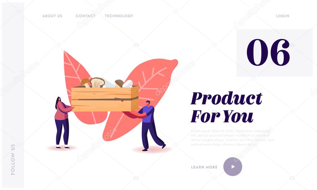 Homemade Fungiculture Growing Hobby, Harvesting Landing Page Template. Tiny Characters Carry Huge Wooden Box with Various Mushrooms Cep, King Oyster and Champignons. Cartoon People Vector Illustration