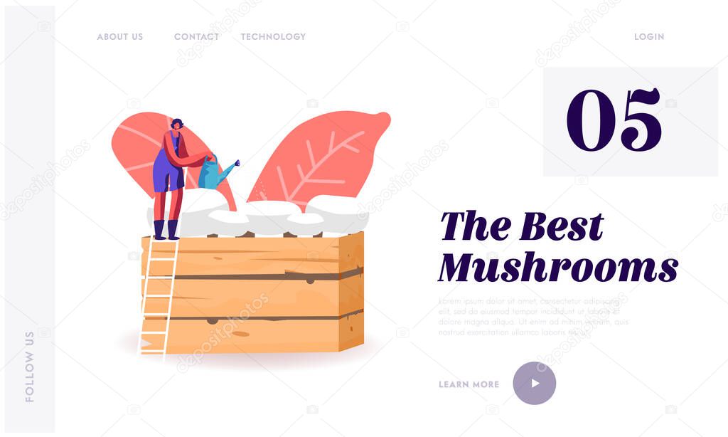 Homemade Fungiculture, Homemade Mushrooms Hobby Landing Page Template. Tiny Female Character Stand on Ladder Watering Champignons Growing in Wooden Box Gardening, Industry. Cartoon Vector Illustration