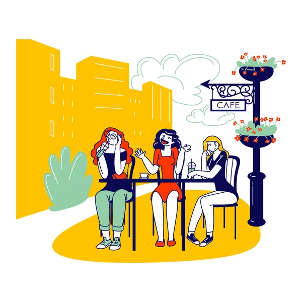 Female Characters Sitting in Outdoor Cafe Drinking Coffee and Listening Boring Annoying Talk of Girl Friend. Bored Conversation, Boredom and Irritation Concept. Linear People Vector Illustration — Stock Vector