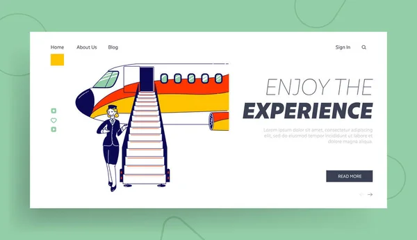 Flugzeug Boarding, Air Trip Landing Page Template. Stewardess Charakter, Stewardess, Stewardess, Stewardess Mädchen in Uniform und Mütze, die Passagiere einlädt. Lineare Vektorillustration — Stockvektor