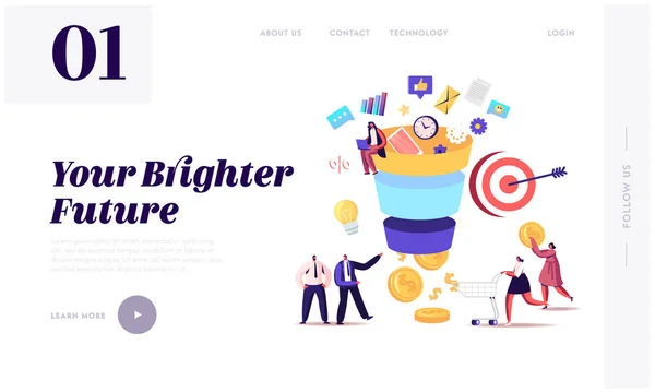 Taxa de conversão Optimization Landing Page Template. Personagens minúsculos colocam dinheiro em um enorme funil de vendas. Estratégia de Gerações de Lead Marketing Digital, Marketing de Funil. Desenhos animados Vector Pessoas Ilustração — Vetor de Stock