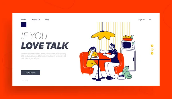 Meisje lijden van vervelende Interlocutor Landing Page Template. Karakters op Keuken Drinken Koffie en Hebben Gesprek, Meisje Niet betrokken bij vervelende communicatie. Lineaire People Vector Illustratie — Stockvector