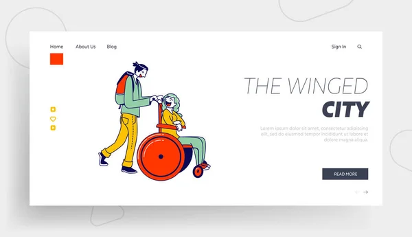 Disabilità e Travel Landing Page Template. Uomo Spingere la donna disabile seduto in sedia a rotelle Affrettatevi a salire sull'aereo. Fidanzato e Handicapped Girlfriend Personaggi. Illustrazione vettoriale delle persone lineari — Vettoriale Stock