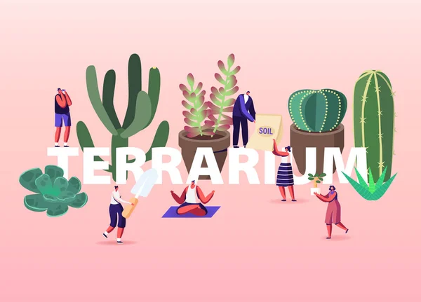 Cultiver des plantes dans Terrarium Concept. Minuscules personnages masculins et féminins cultivent des cactus et des plantes succulentes dans des pots à la maison, jardinage, plantation Affiche Hobby Banner Flyer. Illustration vectorielle des personnages de bande dessinée — Image vectorielle