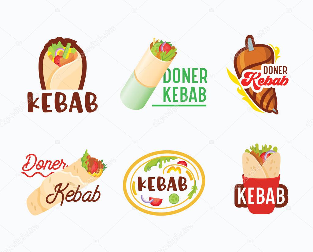 Doner Kebab Banners, Icons Set. Arabian or Turkish Restaurant Badges with Meat on Pole, Pita and Typography Isolated on White Background. Fastfood Cafe Labels Grilled Food Emblems. Vector Illustration