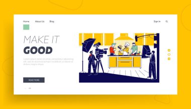Mutfak Programı, Yayıncılık Sayfa Şablonunu Göster veya Blog Blog. Mutfakta Aşçı Üniformalı Adam, Kamera 'da Televizyon Ekibi Karakterleri Kayıt Videosu. Doğrusal Vektör İnsanlar İllüstrasyonu