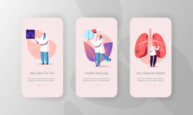 Solunum Tıbbı, Pulmonoloji Sağlık Mobil Uygulama Sayfası Ekran Şablonu. Küçük Doktor Karakterleri İnsan Ciğerlerini, Röntgenini, Pulmonolojik Bakım Konseptini Kontrol Et. Çizgi film İnsanları Vektör İllüstrasyonu