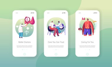 Endokrinoloji, Hormon Hastalıkları ve Dengesiz Mobil Uygulama Sayfası Ekran Şablonu. Doktor Karakterleri Hasta Endokrin Sistemi Tedavisi, Tıbbi Yardım Konsepti. Çizgi film İnsanları Vektör İllüstrasyonu