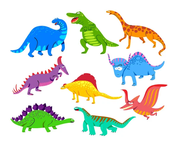 Aranyos baba dinoszauruszok, sárkányok és vicces Dino karakterek készlet. Izolált Fantasy Színes Őskori Boldog Vadállatok Tyrannosaurus Rex, Stegosaurus, Pterodactyl Figures. Rajzfilm vektor illusztráció — Stock Vector
