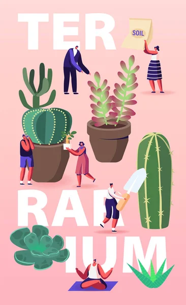 Növekvő növények Terrárium Concept. Apró Férfi és Nő Karakterek Növekvő kaktuszok és Succulents fazekakban otthon, Kertészkedés, Ültetés Hobby Plakát Banner Flyer. Rajzfilm emberek vektor illusztráció — Stock Vector