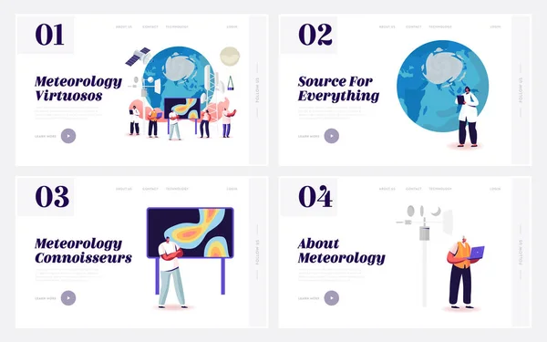 Meteorology Landing Page Template Set. Tiny Characters around of Huge Earth Globe. Workers Set Up Equipment for Weather Control, Anchorman Forecast Tv Broadcasting. Cartoon Vector People Illustration — Stock Vector