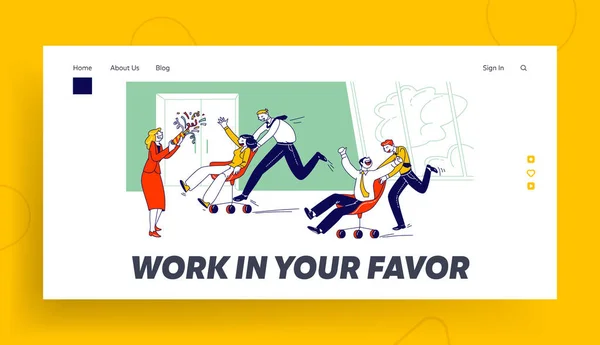 Atividade Corporativa, Preguiça, Competição de Funcionários, Desafio e Engano Landing Page Template. Colegas felizes Personagens Diversão no local de trabalho, Corridas de cadeira de escritório. Ilustração de pessoas vetoras lineares — Vetor de Stock