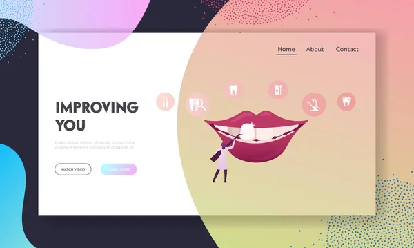 審美的なストーモロジーランディングページテンプレート.耳鼻咽喉科機器を保持するための小さな女性歯科医師の文字クリニック内閣で巨大な口に歯科ベンチャーをインストールします。漫画ベクターイラスト — ストックベクタ
