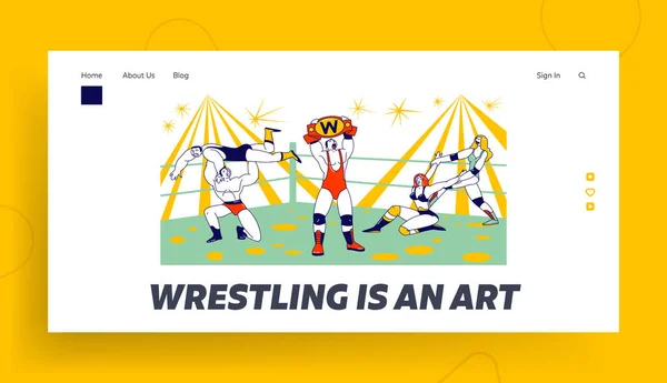 Χαρακτήρες που μάχονται στο πρότυπο Wrestling Competition Landing Page. Ανδρες και Γυναίκες Αθλητές που εκτελούν αθλητικό σόου στην Αρένα. Νικητής Ζώνη επίδειξης Κρατώντας πάνω από το κεφάλι. Γραμμική απεικόνιση διανυσματικών ατόμων — Διανυσματικό Αρχείο