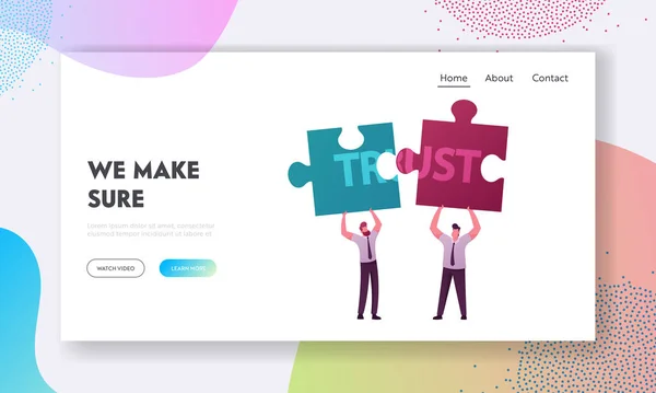 Порушення угод та обіцянок втратити шаблон цільової сторінки. Чоловіки символи Поділитися головоломкою зі словом довіра. Не вдалося зберегти професійну репутацію. Мультфільм Люди Векторні ілюстрації — стоковий вектор