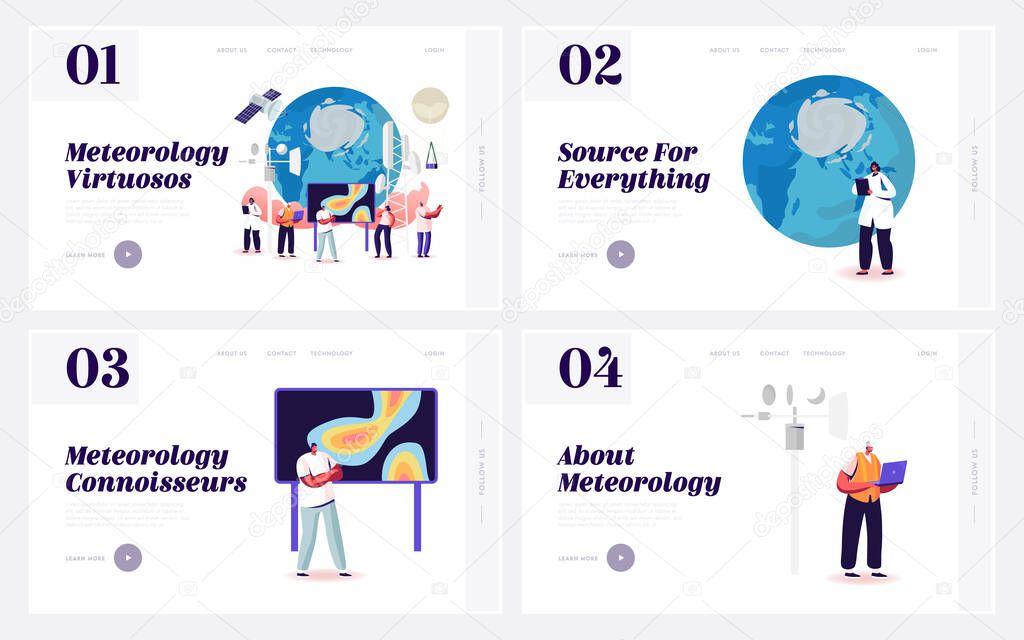 Meteorology Landing Page Template Set. Tiny Characters around of Huge Earth Globe. Workers Set Up Equipment for Weather Control, Anchorman Forecast Tv Broadcasting. Cartoon Vector People Illustration