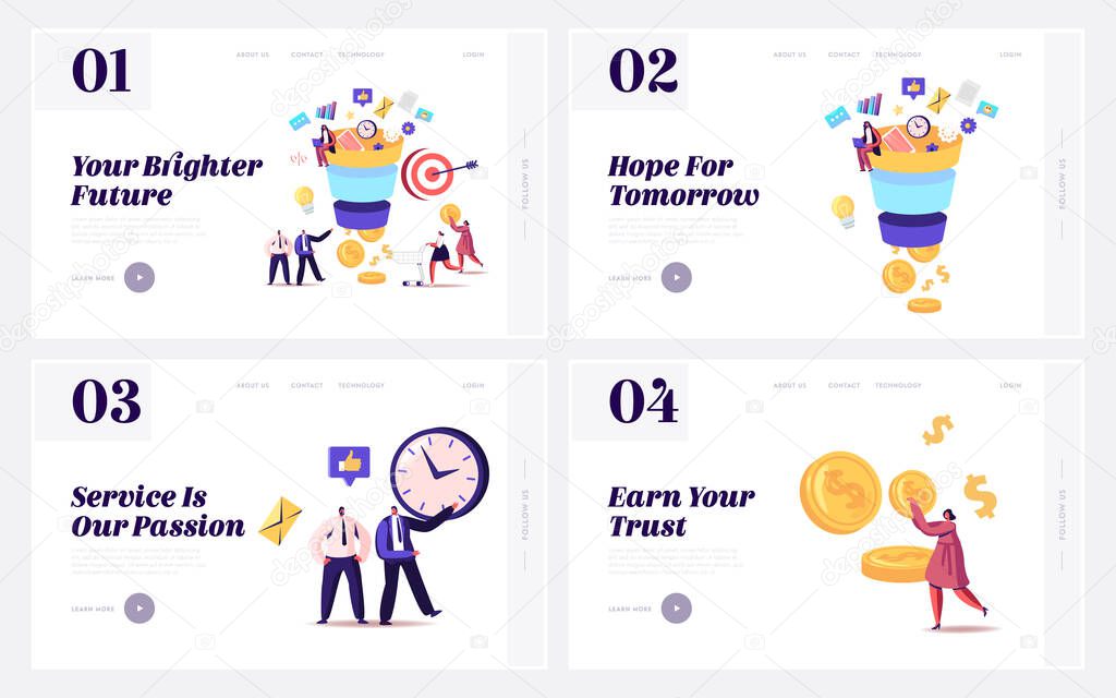 Conversion Rate Optimization Landing Page Template Set. Tiny Characters Put Money into Huge Sales Funnel. Digital Lead Generations Strategy, Funnel Marketing. Cartoon Vector People Illustration