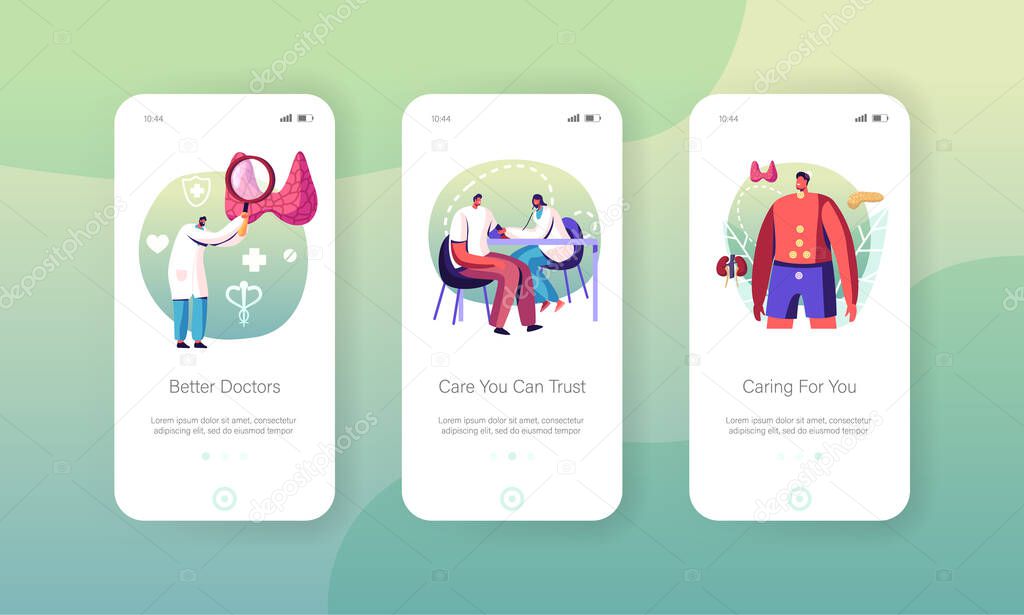 Endocrinology, Hormone Diseases and Disbalance Mobile App Page Onboard Screen Template. Doctors Characters Patient Endocrine System Treatment, Medicine Aid Concept. Cartoon People Vector Illustration