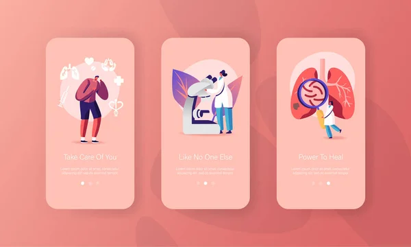 Sistema respiratório Exame Mobile App Page Modelo de tela a bordo. Tosse de Personagem de Homem Pequeno, Doutor em Pulmões Doentes. Pneumologia, Problemas Respiratórios Conceito. Desenhos animados Pessoas Vector Ilustração —  Vetores de Stock