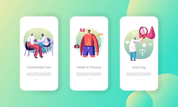 Hormine Disease Health Care Medical Check Up Mobile App Page Onboard Screen Template. 의사 내분비학 자 성격은 환자의 수정체에 혈압을 측정 한다. 카툰 사람들이 보여 주는 반사기 — 스톡 벡터