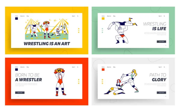 Charaktere kämpfen auf Wrestling Competition Landing Page Template Set. Sportler und Sportlerinnen zeigen Sport in der Arena. Sieger Demonstrate Gürtel über Kopf. Linear Vector People Illustration — Stockvektor