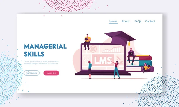 Lms, Learning Management System Landning Page Mall. Små tecken runt om i enorma bärbara dator med grafer och examen Cap, högar av läroböcker, studenter studerar. Tecknad vektor Människor Illustration — Stock vektor